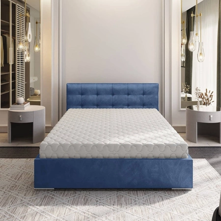 Łóżko tapicerowane Montigo 140x200 błękitne z pojemnikiem w nowoczesnym skandynawskim stylu z pikowanym zagłówkiem