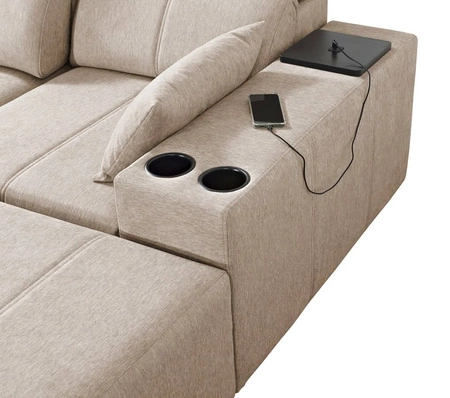 Narożnik z funkcją spania Tesalia beżowy prawostronny nowoczesny design komfortowe przesuwane oparcie szuflada w boczku mebla
