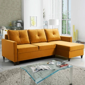 Narożnik z funkcją spania Terni żółty prawostronny praktyczny i funkcjonalny narożnik wyposażony w pojemne pojemniki na pościel