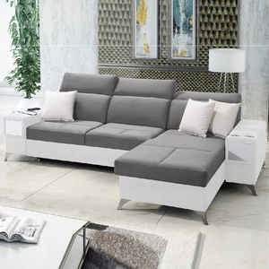 Narożnik z funkcją spania Elgin szary / biały prawostronny narożnik z regulowanymi zagłówkami praktyczne szuflady w boczkach mebla