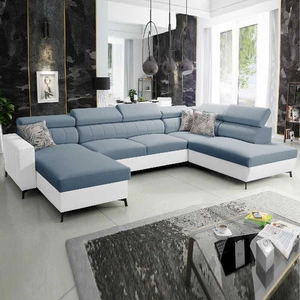 Narożnik z funkcją spania Savona VI błękitny / biały lewostronny elegancki i komfortowy narożnik do salonu dwa pojemniki na pościel