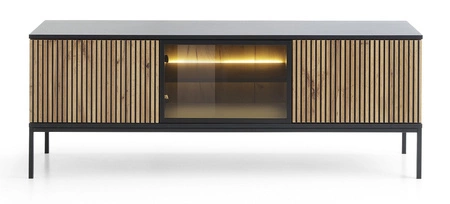 Szafka RTV Amma 154 cm czarny / dąb wotan elegancka forma mebla w nowoczesnym stylu gustowny ryflowany front bezpieczne szkło hartowane