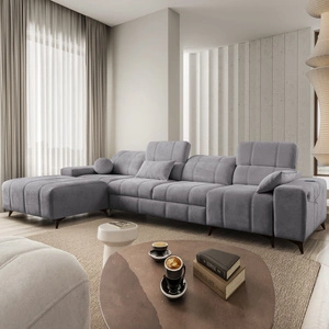 Narożnik z funkcją spania Penejos XII jasny szary lewostronny stylowy narożnik z pojemnikami na pościel komfortowe regulowane zagłówki