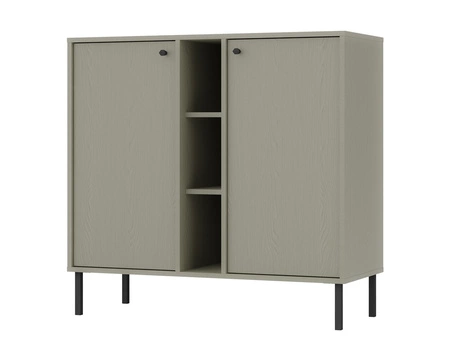 Meblościanka Kioto II eukaliptus stylowy design mebli do salonu eleganckie meble wsparte na metalowych czarnych nogach subtelne uchwyty