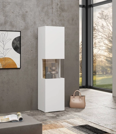 Witryna Ava 36 cm biała / dąb wotan elegancka witryna do salonu z możliwością powieszenia prosta bryła idealna do każdego wnętrza