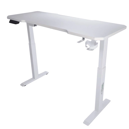 Biurko gamingowe E-Talisman biały / niebieski biurko z regulacją wysokości blat w całości pokryty podkładką z oświetleniem LED