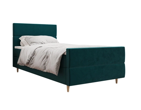 Łóżko kontynentalne Benet 120x200 turkusowe w nowoczesnym skandynawskim stylu z tapicerowanym zagłówkiem oraz zanóżkiem łóżko z pojemnikiem