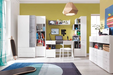 Biurko z szufladą Epsilon 125 cm białe / beton stylowe i funkcjonalne do pokoju młodzieżowego