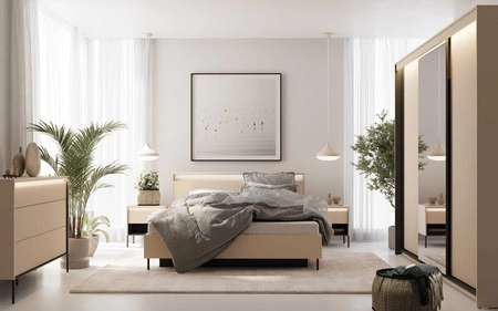 Łóżko Trend 180x200 cm beżowe stylowe łóżko z pojemnikiem na pościel wygodny ryflowany zagłówek zachwyca eleganckim designem