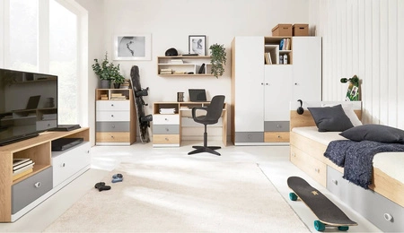 Komoda z szufladami Pixel 60 cm dąb biszkoptowy / biała / szara idealna do pokoju młodzieżowego funkcjonalna i użytkowa posiada nowoczesny wygląd