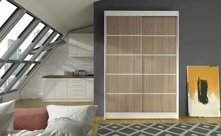 Szafa przesuwna Benisso 120 cm biały / dąb sonoma jasny praktyczna szafa do sypialni fronty wykończone poziomymi srebrnymi listwami