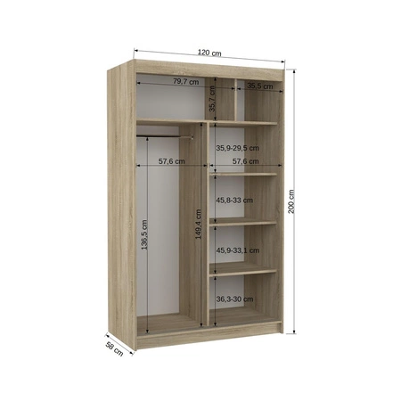 Szafa przesuwna z lustrem Nicea 120 cm biały / czarny pojemna szafa do sypialni z ozdobnymi listwami ergonomiczny układ wnętrza