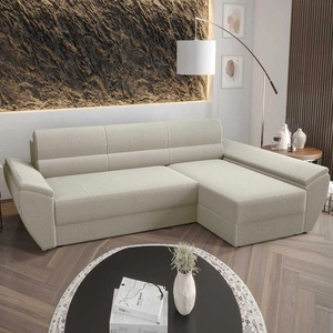 Narożnik z funkcją spania Fogu III kość słoniowa prawostronny narożnik z podłokietnikami i pojemnikiem na pościel sztruksowa tkanina