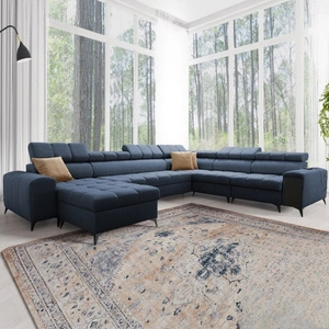 Narożnik z funkcją spania Bolmso VIII niebieski lewostronny elegancki i wygodny narożnik z szufladą idealny do przestronnych wnętrz