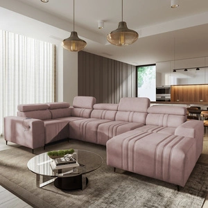 Narożnik z funkcją spania Castel IV różowy prawostronny stylowy narożnik z pojemnikami na pościel i regulowanymi zagłówkami