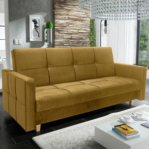 Kanapa rozkładana Sava musztardowa nowoczesny design szeroka funkcjonalność wersalki do pokoju miękka tkanina o delikatnym połysku