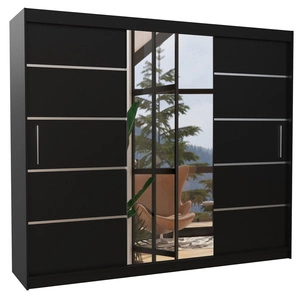 Szafa przesuwna z lustrem Salto 250 cm czarna estetycznie wykonana szafa do sypialni ozdobne srebrne listwy na frontach nadają stylu