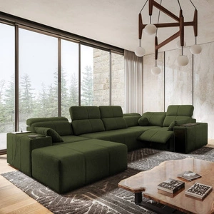 Narożnik z funkcją spania Tesalia IV Lux zielony lewostronny stylowy narożnik z wysuwanym podnóżkiem oraz funkcją przesuwanego oparcia