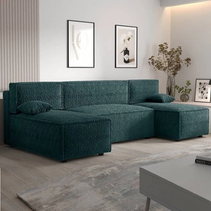 Narożnik z funkcją spania Brandon U turkusowy pojemnik na pościel miękka tkanina o charakterystycznej pętelkowej powierzchni