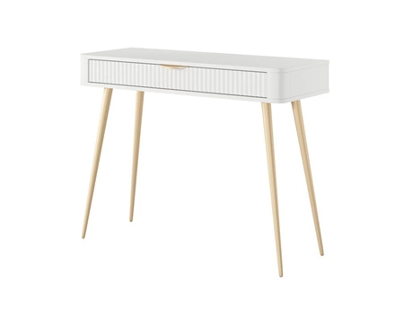 Konsola Lante biała z szufladą stylowa oraz funkcjonalna toaletka zaoblony kształt bryły ryflowany front uchwyty krawędziowe