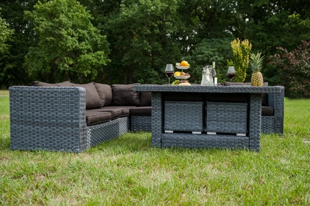 Zestaw mebli ogrodowych Maestoso szary niebanalny design modułowy narożnik ogrodowy komplet technorattanowy z dużym stołem i pufami