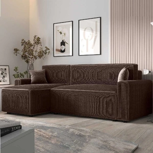 Narożnik z funkcją spania Brandon Bis brązowy lewostronny trójwymiarowa tkanina o wyrazistych prążkach pojemnik na pościel