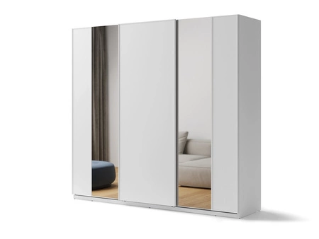 Szafa przesuwna z lustrem Maxi 250 cm biała duża praktyczna szafa do przechowywania wyposażona w trzy drążki na ubrania wiszące