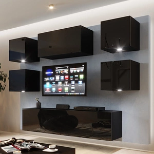 Meblościanka Sufli czarna / czarny połysk niezwykle stylowe meblościanka do salonu atrakcyjna pod względem wizualnym i funkcjonalnym