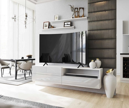 Szafka RTV wisząca Neo 172 cm biała / biały połysk z półkami stylowy design szafki pod telewizor z frontami na wysoki połysk