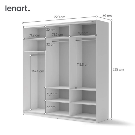 Szafa przesuwna z lustrem Maxi 220 cm biała pojemna funkcjonalna szafa do sypialni duże tafle luster umieszczone na frontach szafy