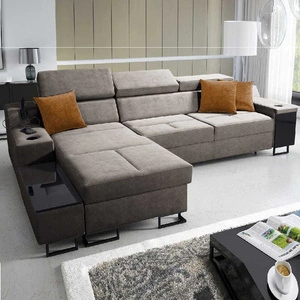 Narożnik z funkcją spania Alcamo szary brąz lewostronny elegancki i stylowy narożnik z dostawką praktyczna szuflada w boczku mebla