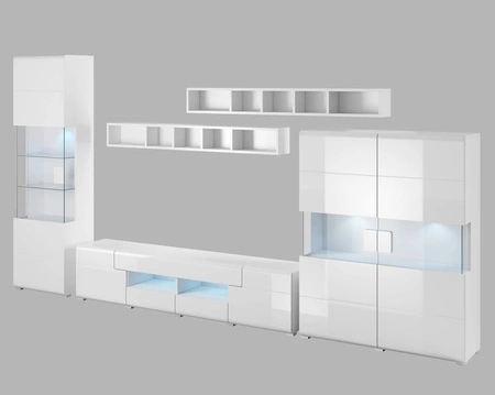 Meblościanka Toledo biała / biały połysk idealna do salonu lub pokoju dziennego nada niepowtarzalny charakter wnętrzu