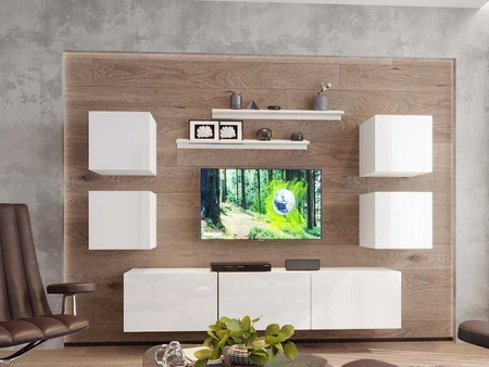 Meblościanka Aklion biała / biały połysk niezwykle stylowe meblościanka do salonu atrakcyjna pod względem wizualnym i funkcjonalnym