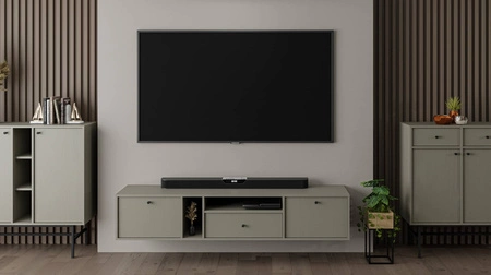 Szafka RTV wisząca Kioto IV 180 cm eukaliptus elegancka szafka w stonowanej kolorystyce subtelne uchwyty w kolorze czarnym