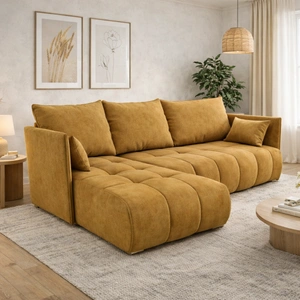 Narożnik z funkcją spania Selva miodowy uniwersalny narożnik z pojemnikiem na pościel velvetowa tkanina o ciekawej strukturze