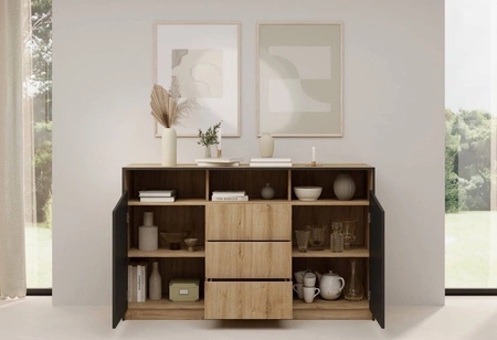 Komoda z szufladami Atson 145 cm dąb odwieczny / czarny stylowa komoda do salonu z pojemnymi szufladami oryginalny kształt frontów