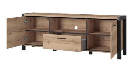 Szafka RTV Aktiv 180 cm dąb taurus / czarny stylowa szafka pod telewizor w stylu industrialnym metalowe uchwyty w kolorze czarnym
