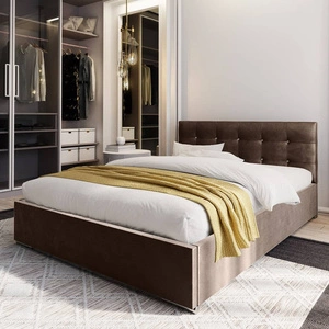 Łóżko tapicerowane Mona 160x200 jasny brąz z pojemnikiem w nowoczesnym skandynawskim stylu z pikowanym zagłówkiem z kryształkami