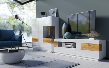 Szafka RTV Silke 160 cm biała / biały połysk / dąb wotan stylowa szafka pod telewizor oryginalny design bezuchwytowe fronty