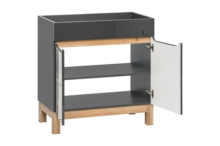 Szafka pod umywalkę Bali 60 cm szary połysk / dąb wotan wysokiej jakości szafka łazienkowa z półką stylowe frezowane uchwyty