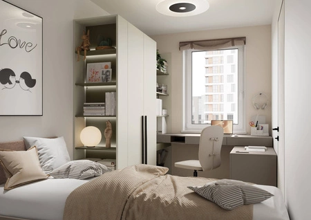 Zestaw mebli Woow clay grey / szampański / eukaliptus lewy stylowy zestaw mebli młodzieżowych o nowoczesnym i praktycznym designie