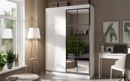 Szafa przesuwna z lustrem Osgar 150 cm biały / czarny oryginalny design doskonale odnajdzie się w pokoju młodzieżowym lub sypialni