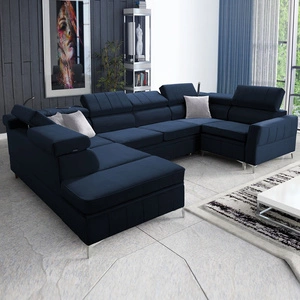 Narożnik z funkcją spania Rava V granatowy lewostronny komfortowy narożnik z pojemnikami na pościel oraz wielofunkcyjną lampką