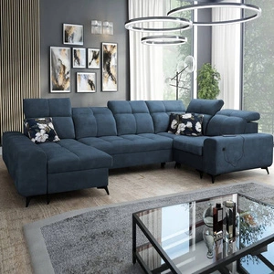 Narożnik z funkcją spania Buffalo IV niebieski lewostronny stylowy narożnik rozkładany z dwoma pojemnikami na pościel welurowa tkanina