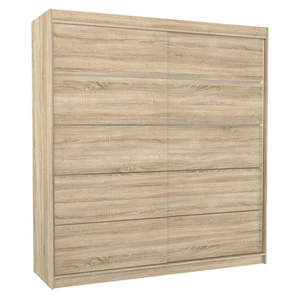 Szafa przesuwna Esteva 200 cm dąb sonoma jasny praktyczna i pojemna szafa do sypialni fronty wykończone poziomymi srebrnymi listwami
