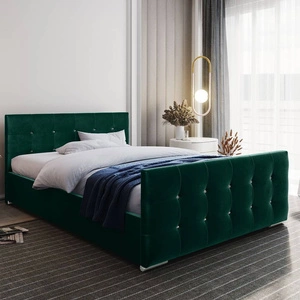 Łóżko tapicerowane Alford 160x200 butelkowa zieleń z pojemnikiem w nowoczesnym skandynawskim stylu z pikowanym zagłówkiem oraz zanóżkiem wykończone kryształkami