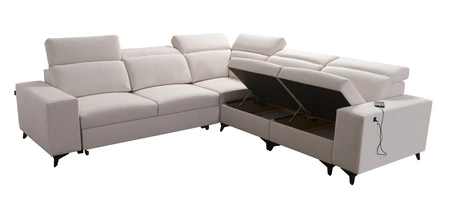 Narożnik z funkcją spania Kelly Sleek III czarny prawostronny elegancki narożnik do salonu z dwoma pojemnikami na pościel