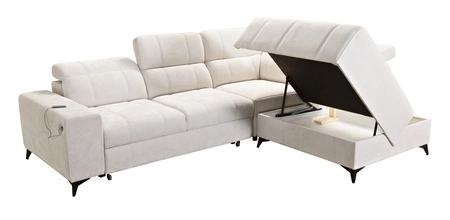 Narożnik z funkcją spania Penejos VII szary popiel prawostronny stylowy narożnik z pojemnikiem na pościel wygodne regulowane zagłówki