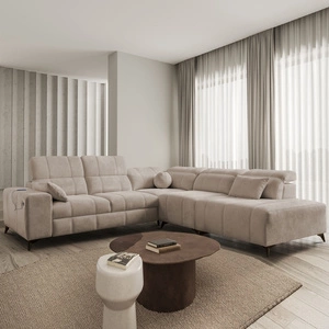 Narożnik z funkcją spania Penejos IX ciemny beżowy prawostronny stylowy narożnik z pojemnikami na pościel wygodne regulowane zagłówki