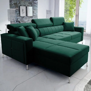 Narożnik z funkcją spania Nausa butelkowa zieleń lewostronny velvet stylowy komfortowy narożnik regulowane zagłówki pojemnik na pościel